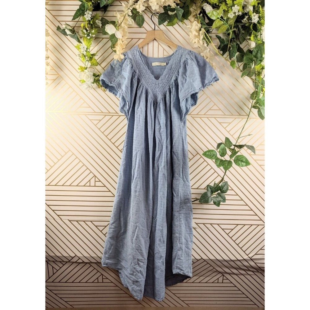 Christy Dawn Women's Blue Midi Dress Eyelet Neckline Size M READ